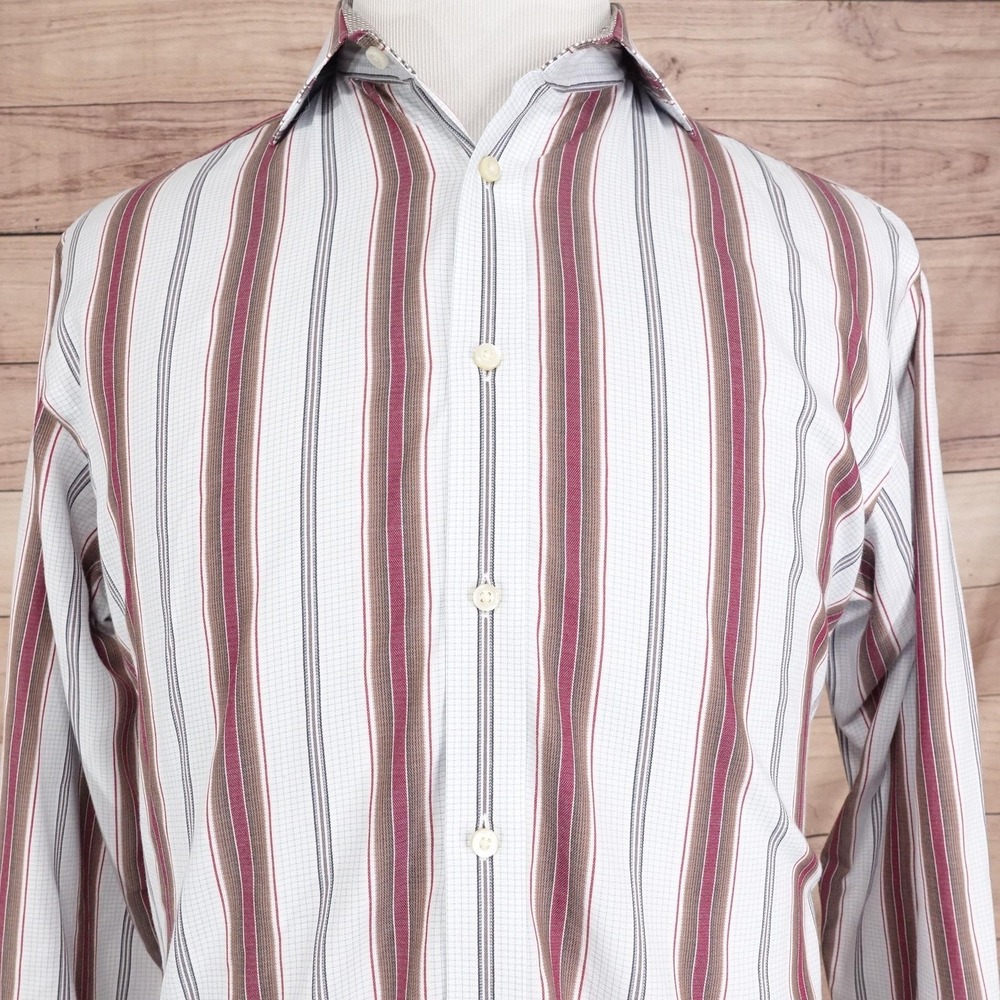 Thomas Dean Shirt Mens Medium White Red Stripe Long Sleeve Button Front Cotton